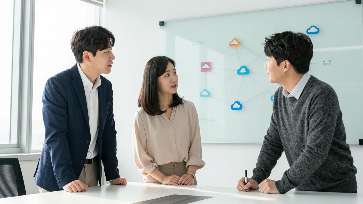 여러 클라우드 로고가 연결된 다이어그램을 보는 기업 IT 담당자