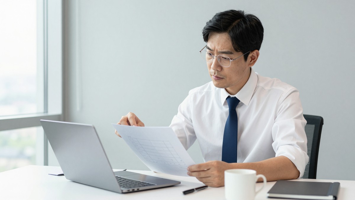 서울 사무실에서 발주 담당자가 끝난 프로젝트 폴더를 열어 보며 발표 자료 한 장만 들어 있는 것을 확인하고 난감해하는 모습