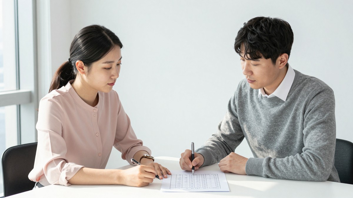 데이터 분석가와 개발자가 회의 테이블에서 사전에 합의한 목표 수치와 실제 시험 결과가 나란히 적힌 표를 함께 보는 장면