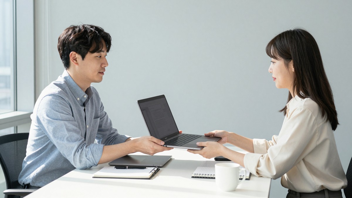 개발사 담당자가 발주사 직원에게 노트북 화면으로 코드 저장소 권한과 서버 계정 목록을 하나씩 넘겨주며 설명하는 모습