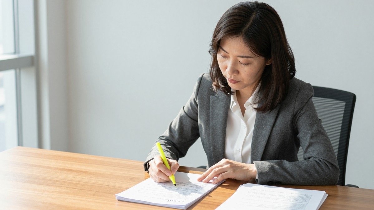 법무 담당자가 계약서 초안의 납품물 조항에 단계별 목록을 표로 붙여 넣고 형광펜으로 잔금 조건과 연결하는 장면