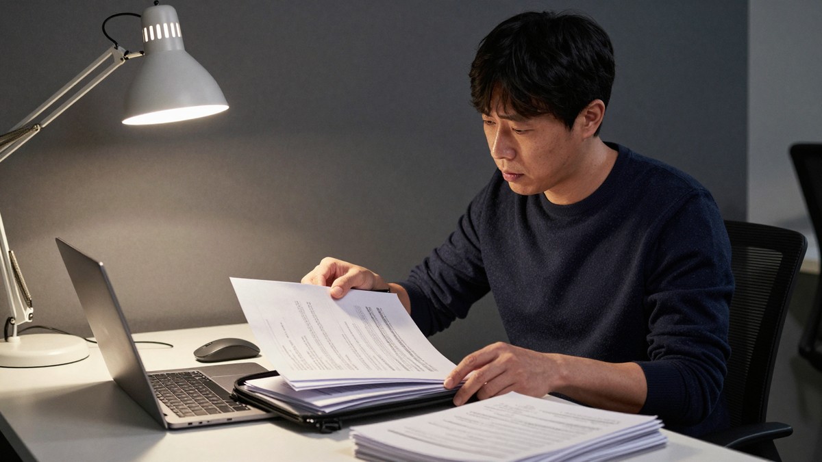 스타트업 대표가 늦은 저녁 사무실에서 예전 개발사가 남긴 압축 파일을 열었다가 설명 문서 없이 코드만 가득한 폴더를 보고 한숨 쉬는 모습