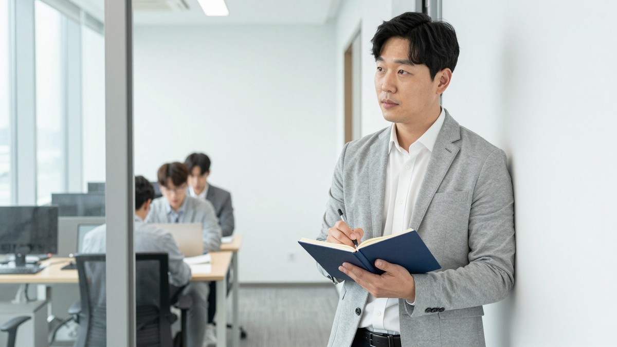 개발사 사무실 통로에서 40대 PM이 팀원 세 명이 앉은 자리 쪽을 바라보며 손에 든 작은 수첩에 무언가 적는 모습