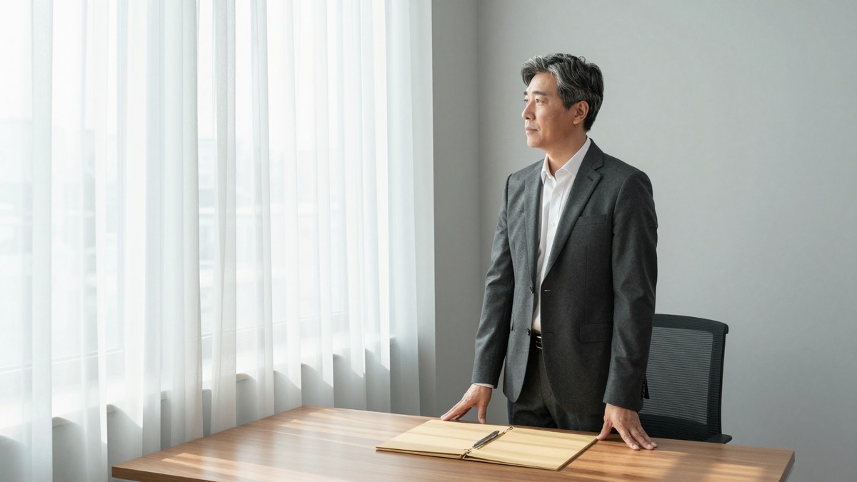 중견기업 사무실 창가에서 50대 팀장이 덮어 둔 서류 폴더 위에 손을 얹고 창밖을 보며 생각에 잠긴 모습