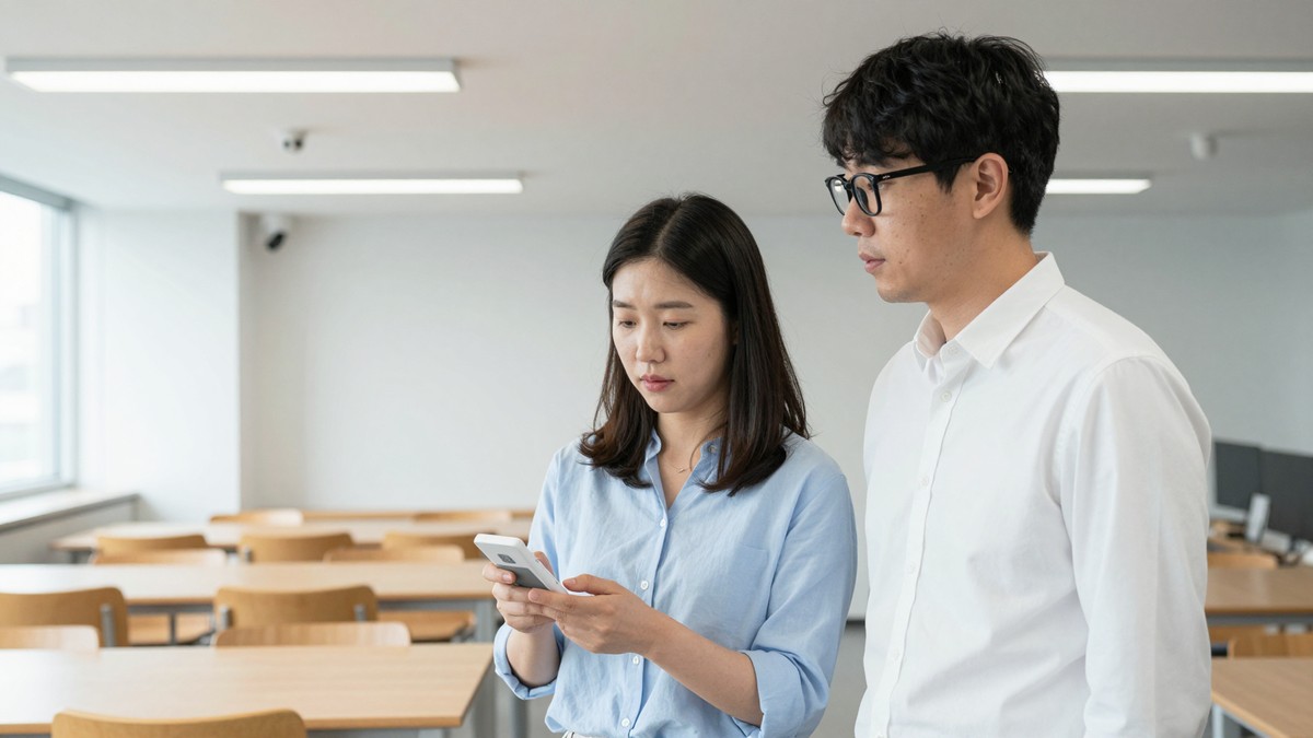 푸드홀 천장에 달린 작은 센서 장치와 그 아래로 넓게 펼쳐진 빈 식사 좌석이 보이는 장면