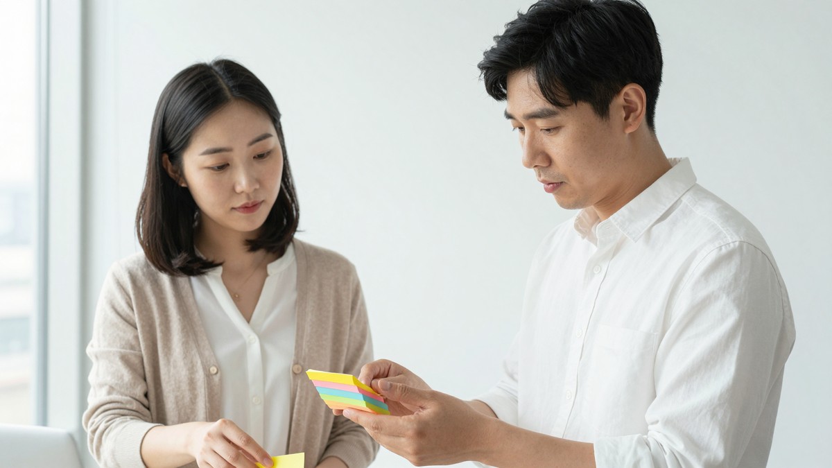 벽에 걸린 일정표 앞에서 포스트잇을 붙이며 일정을 정리하는 손