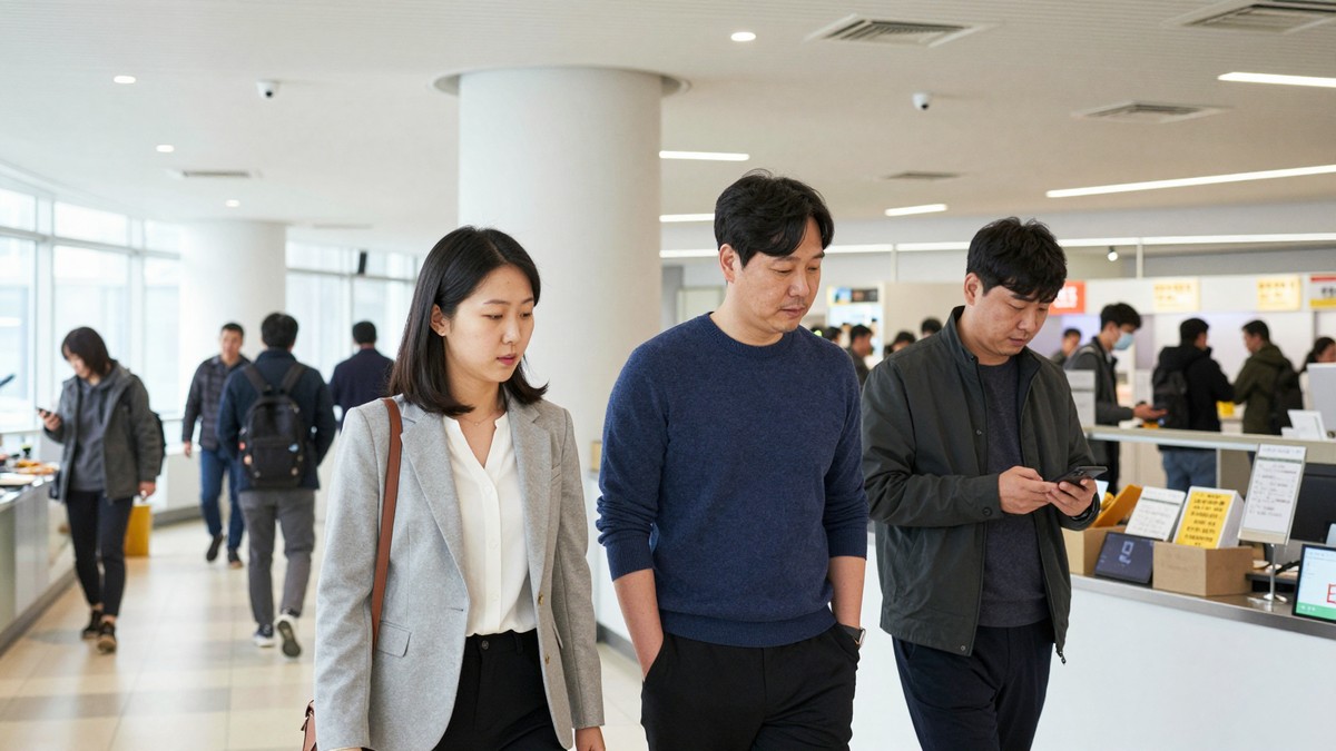 푸드홀 천장의 작은 센서 아래로 사람들이 오가는 매장 전경