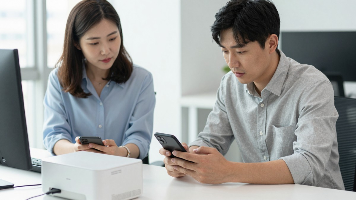 휴대폰과 사진 인화기를 블루투스로 연결해 사진을 출력하는 장면