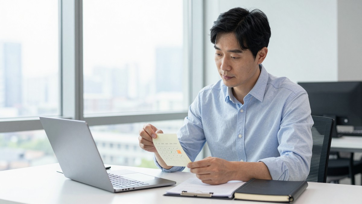 노트북 옆 책상에 날짜가 적힌 메모지 세 장이 순서대로 붙어 있는 장면