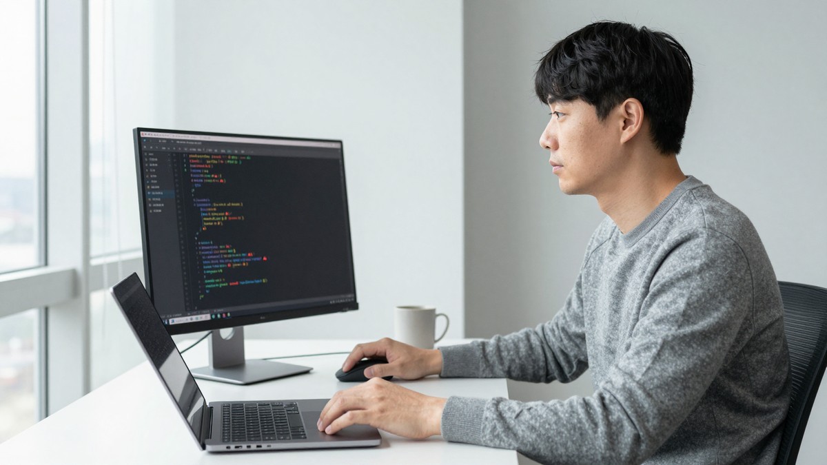 모니터에 정적 분석 도구의 경고 목록이 길게 떠 있는 개발자 책상