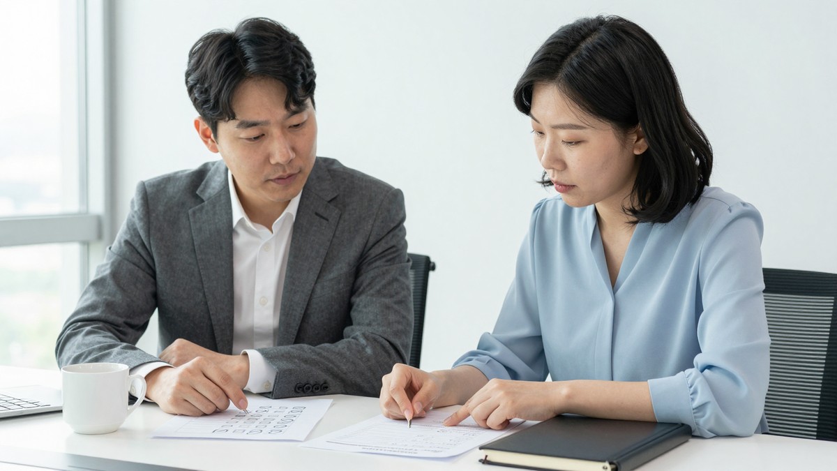 회의실 테이블 위에 체크 표시가 몇 개 된 점검표와 커피잔이 놓여 있는 장면