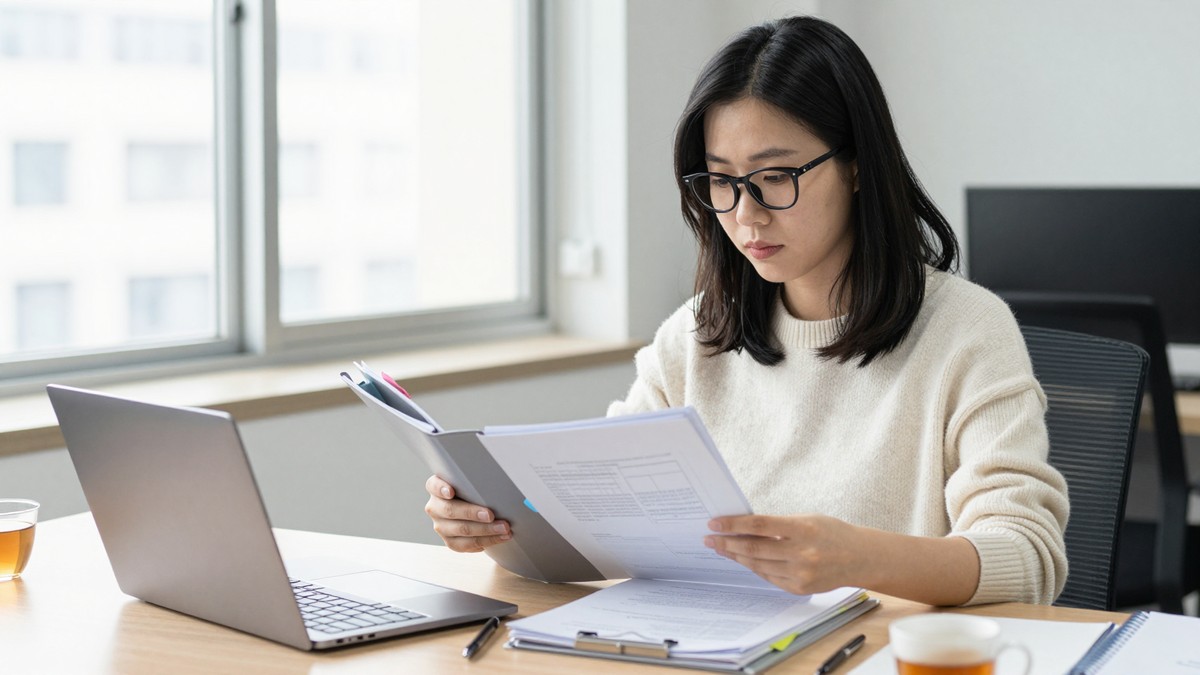 공공기관 사무실 창가 책상에서 담당자가 지난 사업 서류철을 넘기며 비슷한 사업을 골라내는 모습
