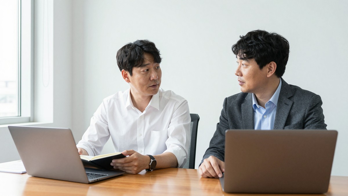계약서 별첨 페이지에 핵심인력 명단이 집게로 묶여 있고 그 위에 인감도장과 인주가 놓인 책상