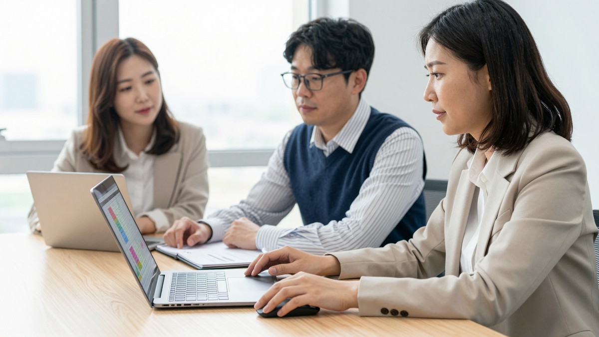 모니터 화면의 스프레드시트에서 소속 열과 투입률 열을 비교하는 손과 마우스