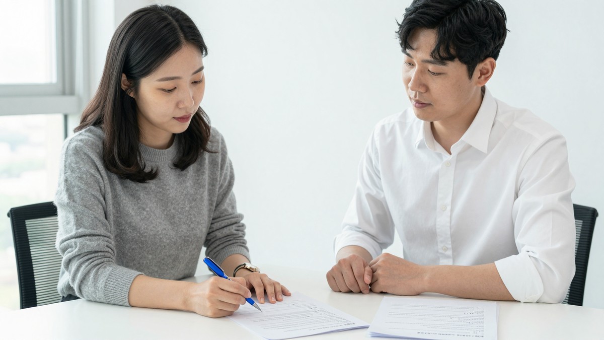 계약서 첨부 페이지에 인력 명단 표가 붙어 있고 옆에 서명용 펜이 놓인 장면