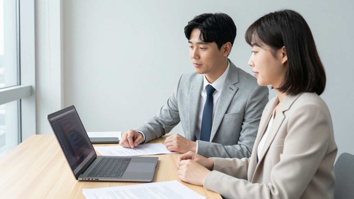 법령집과 정부 지침 출력물이 쌓인 책상 위에 노트북이 열려 있는 장면