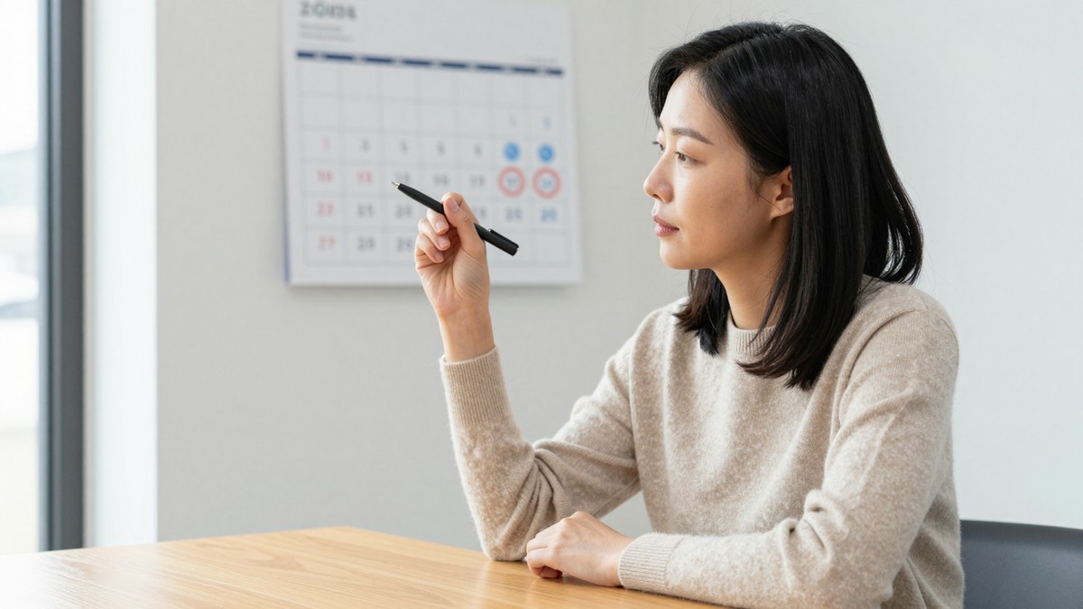 벽걸이 달력에서 오픈일과 검수 완료일 두 날짜에 서로 다른 색 펜으로 동그라미를 친 손
