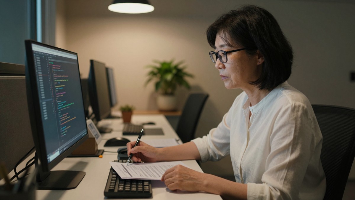 늦은 저녁 사무실에서 운영 담당자가 장애 알림 화면과 변경 기록 문서를 번갈아 확인하는 모습