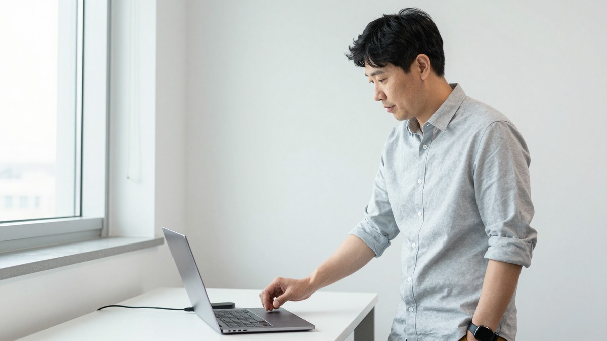 작은 테스트 공간에서 랜선을 뽑아 둔 노트북 옆에 서서 손목시계를 확인하는 개발 책임자의 모습