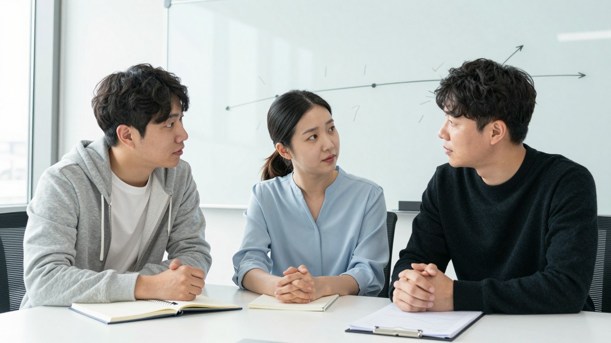 회의실 화이트보드에 사고 발생 시각과 원인을 시간순으로 적어 놓고 엔지니어 세 명이 화살표를 따라가며 검토하는 장면