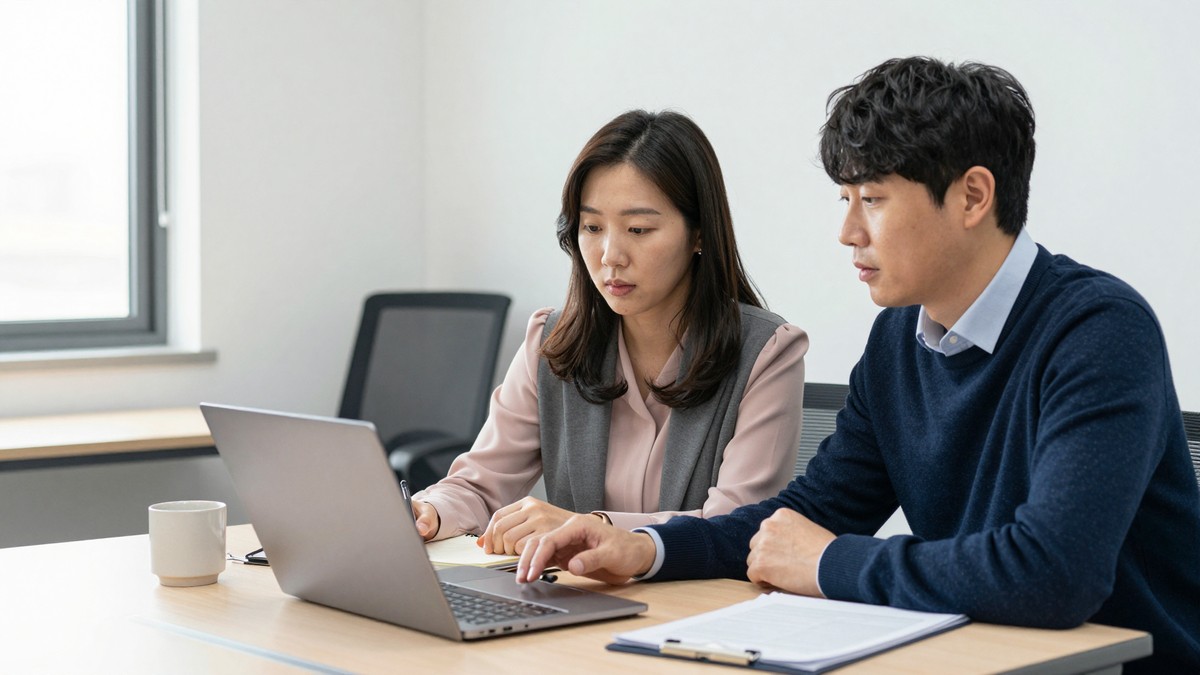 중소기업 사무실에서 대표와 실무자 두 명이 노트북 한 대를 가운데 두고 사내 시스템 화면을 함께 보며 이야기하는 모습