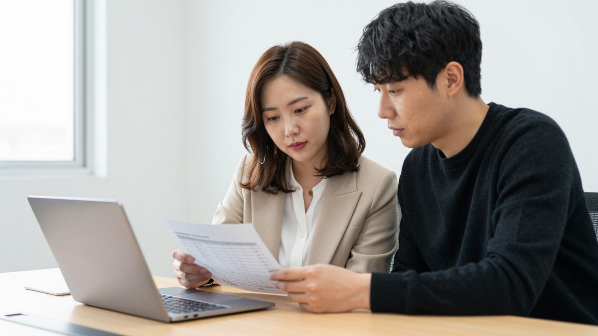 중견기업 IT 기획자가 작은 회의실에서 외주 개발사 담당자와 노트북 하나를 같이 보며 AI 기능 목록 옆에 체크 표시를 하는 모습