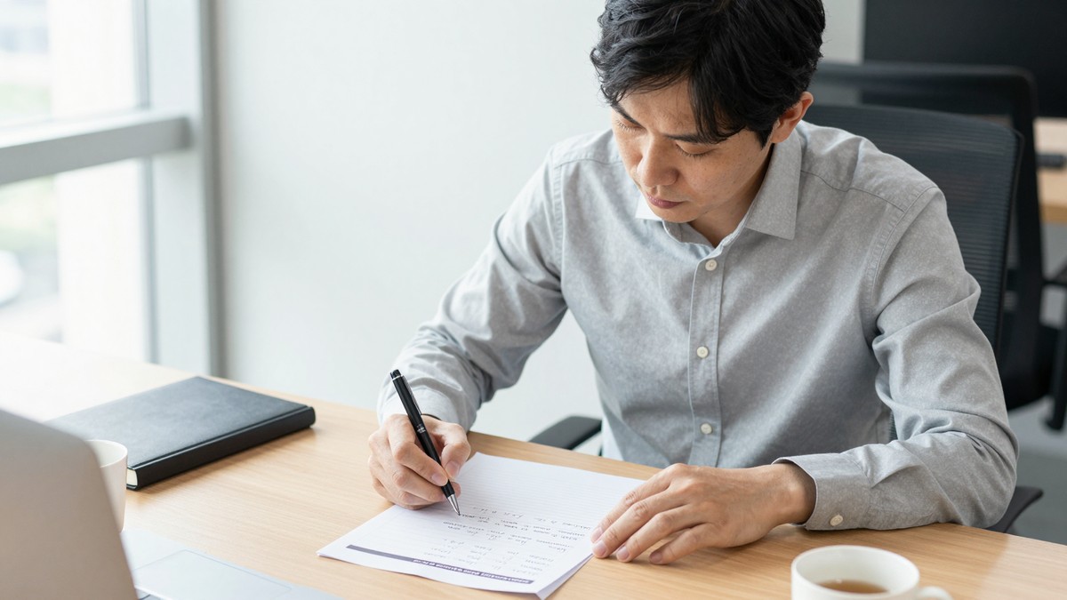 발주 담당자가 책상 위에 펼친 AI 기능 개발 견적서의 항목 옆 여백에 여섯 개의 질문을 손글씨로 적는 장면