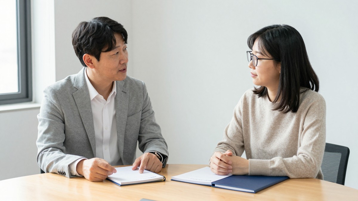 작은 회의실 테이블에서 50대 법무 담당자와 30대 개발자가 덮인 노트를 사이에 두고 검토 순서를 이야기하는 모습