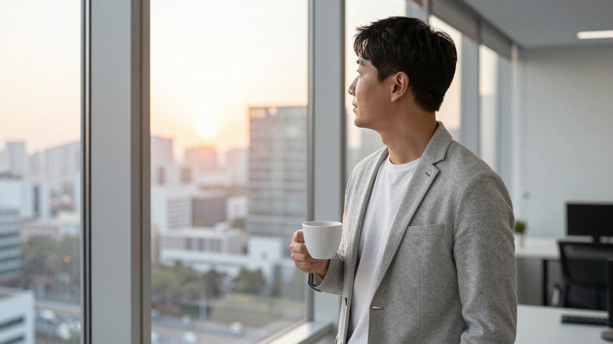 해 질 녘 개발사 사무실 창가에서 운영 담당자가 커피 잔을 든 채 창밖을 보며 서 있는 뒷모습
