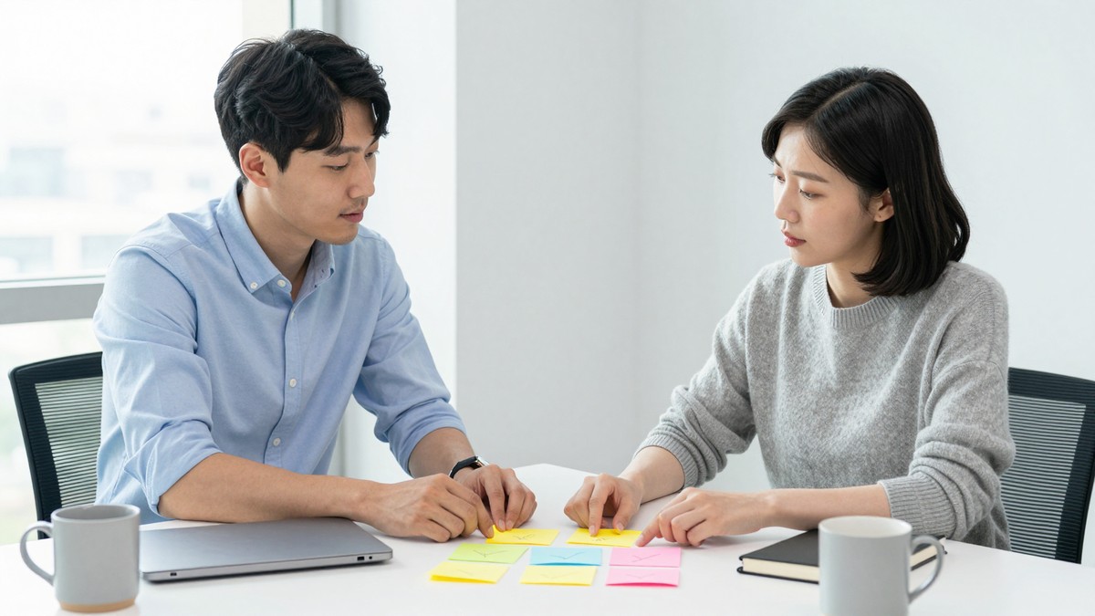 견적서 항목을 기획·디자인·퍼블리싱·개발이라고 적은 포스트잇 일곱 장에 나눠 붙이는 손